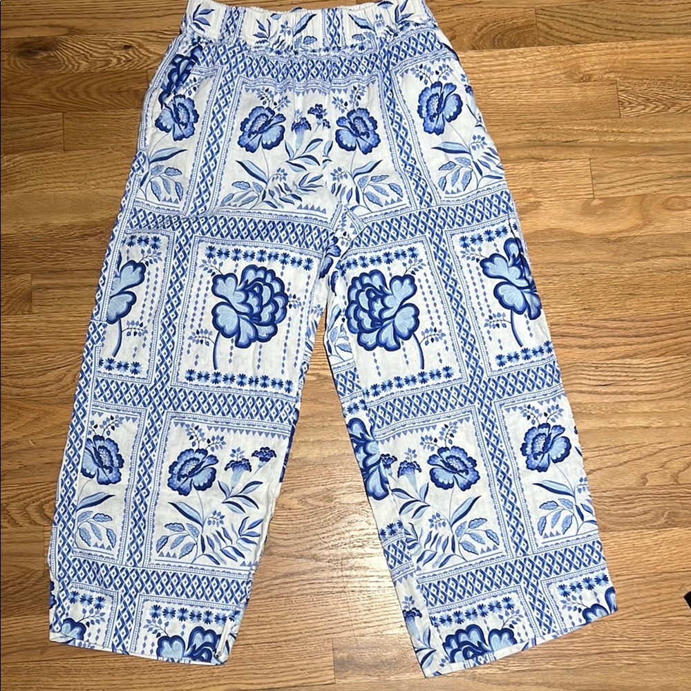 H by Halston 100% Linen Blue and White Casual Wide-Leg Pants